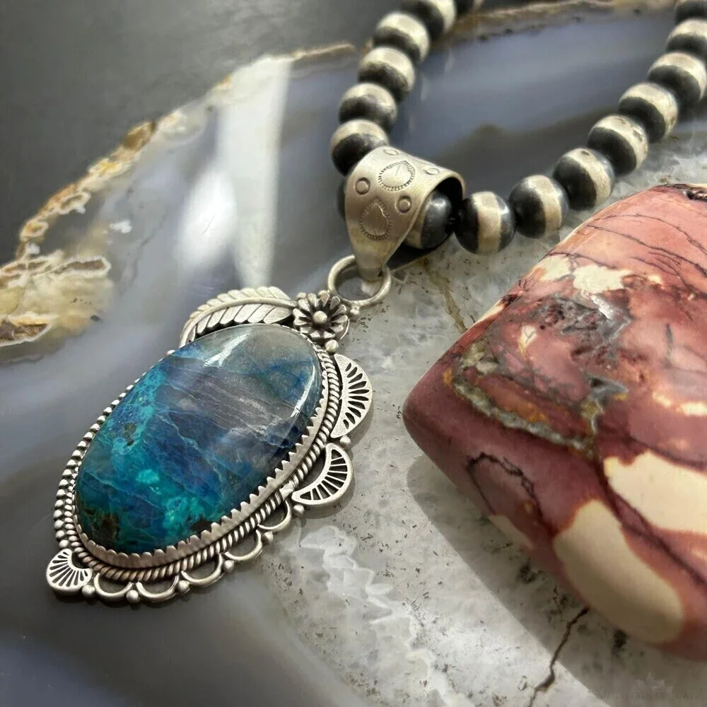 Sterling Southwestern Style Elongated Shattuckite Decorated Pendant For Women
